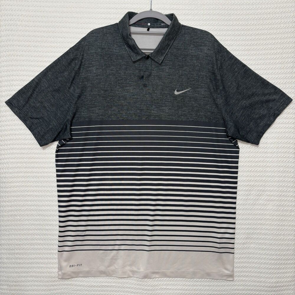 Nike Tiger Woods Polo Gray Striped Dri-Fit Golf Athletic Performance Active L